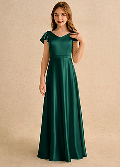 Azazie Nari Girls Formal Robe Demoiselle D'honneur Fillette Robe Trapèze en Satin extensible avec manches émeraude image5
