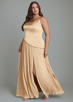 Azazie Stephanie Robes de demoiselle d'honneur Robe Trapèze en Satin extensible Plissé Champagne image11