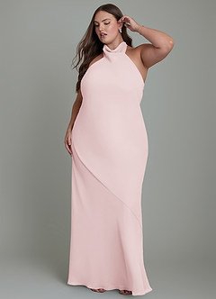Azazie Velli Vestidos de damas de honor Vestido Rosa Rubor de Gasa de Corte Sirena con Cuello alto image11