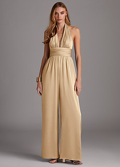 Azazie Oli Bridesmaid Dresses Champagne Pleated Stretch Satin Jumpsuit image3