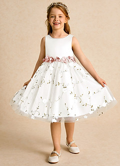 Azazie Starri Flower Girl Dresses Ivory Blushing Pink Ball-Gown Beaded Matte Satin Dress image4