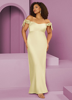 Barbie ♥ Azazie Jurken voor bruidsmeisjes Converteerbaar Jurk van Stretch Satijn met Kolom Off the Shoulder Citroensorbet image1