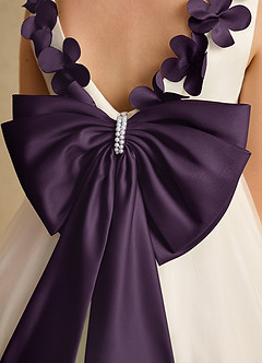 Azazie Lona Abiti da Ragazza di Fiori Abito A-Line in Raso Opaco Fiocco Avorio Prugna image5