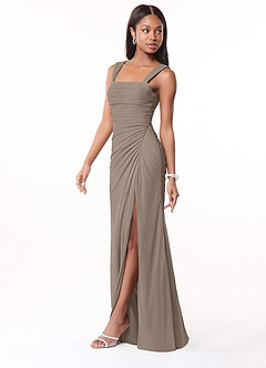 Azazie Jesaphine Brautjungfernkleider Etui Gerafft Gittergewebe Kleid Taupe image4