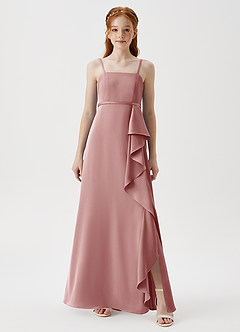 Azazie Kaylee Junior Dusty Rose A-Line with Belt Stretch Satin Dress image3