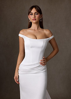 Azazie Marciana Wedding Dresses Diamond White Sheath Off the Shoulder Stretch Satin Dress image9