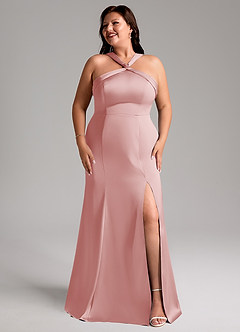 Azazie Rue Bridesmaid Dresses Powder Pink Mermaid Pleated Stretch Satin Dress image10