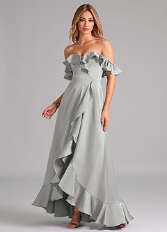 Azazie Lyra Bridesmaid Dresses Silver A-Line Off the Shoulder Stretch Satin Convertible Dress image1