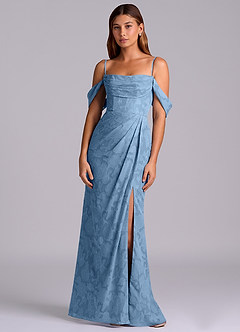 Azazie Johana Abiti da Damigella Abito Convertibile Sirena in Burnout Floreale a Spalla Scoperta Blu Acciaio image6