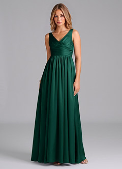 Azazie Keyla Bridesmaid Dresses Emerald A-Line Pleated Stretch Satin Dress image1