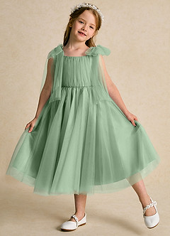 Azazie Dori Flower Girl Dresses Matcha A-Line Ruched Tulle Dress image4