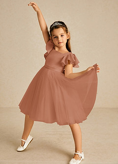 Azazie Kaeya Robe Demoiselle D'honneur Fillette Robe Trapèze en Tulle Arc Bronze image2