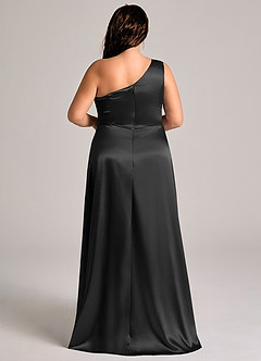 Azazie Brooke At-home Try On Dresses Black A-Line One Shoulder Metallic Satin Dress image9