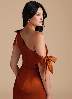 Azazie Xyla Bridesmaid Dresses Auburn Sheath Off the Shoulder Metallic Satin Convertible Dress image3