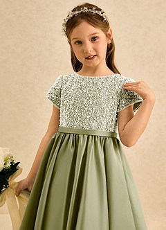 Azazie Cashew Flower Girl Dresses Moss Green Ball-Gown with Sleeves Matte Satin Dress image6