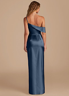 Azazie Lia Vestidos de damas de honor Vestido de Azul Marino Oscuro de Satén Metálico de Corte Recto con Vestidos sin tirantes image4