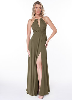 Azazie Evalleen Vestidos de damas de honor Vestido de Verde Sauce de Gasa de Corte en A con Plisado image6