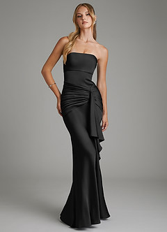 Azazie Janel Vestidos de damas de honor Vestido Negro de Satén Elástico de Corte Sirena con Corsé image1