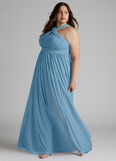 Azazie Hillian Abiti da Damigella Abito A-Line in Maglia con Scollo Halter a Pieghe Blu Acciaio image10
