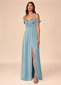 Azazie Ocean Bridesmaid Dresses Moody Blue A-Line V-Neck Pleated Stretch Satin Dress image1