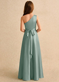 Azazie Puddles Girls Formal Flower Girl Dresses Silver Sage A-Line One Shoulder Stretch Satin Dress image2