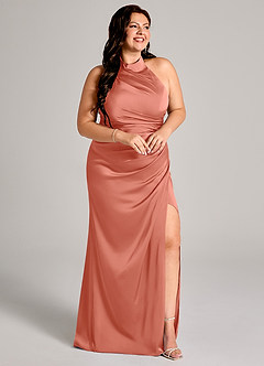 Azazie Jemma Robes de demoiselle d'honneur Robe Fourreau en Satin extensible Plissée Rose Saumon image11
