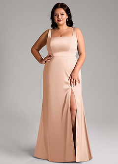 Azazie Frostine Vestidos de damas de honor Vestido de Oro Rosa de Satén Elástico de Corte en A con Lazo image12