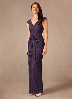 Azazie Lisolette Mother of the Bride Dresses Plum Sheath Pleated Mesh Dress image4