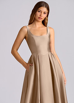 Azazie Amalie Bridesmaid Dresses Taupe A-Line Pleated Stretch Satin Dress image2