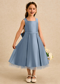 Azazie Josie Flower Girl Dresses Dusty Blue A-Line Pleated Matte Satin Dress image3