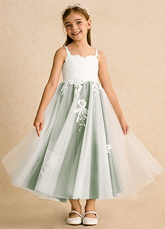 Azazie Coraline Blumenmädchenkleider A-Linie Spitze Kleid Elfenbein Staubiger Salbei image3
