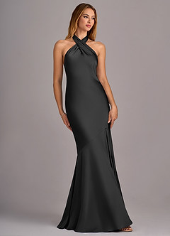 Azazie Lorena Vestidos de damas de honor Vestido de Negro de Satén Elástico de Corte Sirena con Plisado image3