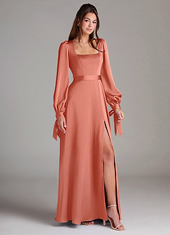 Azazie Leonia Jurken voor bruidsmeisjes Jurk van Stretch Satijn met A-Lijn Lange mouw Zalm Roze image3