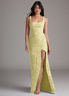 Azazie Mero Bridesmaid Dresses Lemon Sorbet Sheath Pleated Floral Burnout Dress image4