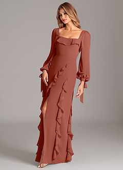 Azazie Candice Brautjungfernkleider A-Linie Langarm Chiffon Kleid Rotbraun image3