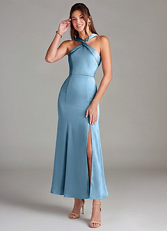 Azazie Rue Bridesmaid Dresses Steel Blue Mermaid Pleated Stretch Satin Dress image1