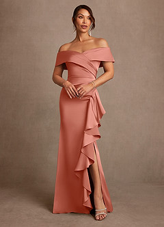 Azazie Kirsty Mother of the Bride Dresses Salmon Pink Sheath Off the Shoulder Stretch Satin Dress image1