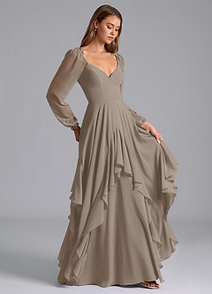Azazie Karan Abiti da Damigella Abito A-Line in Chiffon Manica Lunga Taupe image4