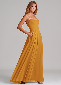 Azazie Elle Robes de demoiselle d'honneur Robe Trapèze en Mousseline de soie Plissée Caramel écossais image5