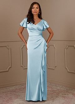 Azazie Roya Mother of the Bride Dresses Sky Blue Mermaid V-Neck Pleated Stretch Satin Dress image2