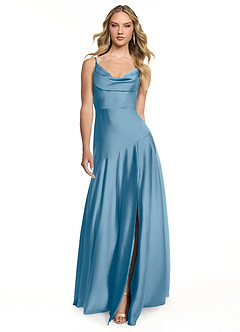 Azazie Kayla Bridesmaid Dresses Steel Blue Sheath Side Slit Stretch Satin Dress image1