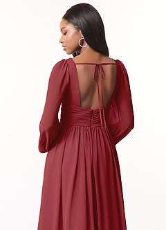 Azazie Norah Bridesmaid Dresses Pomegranate A-Line V-Neck Long Sleeve Chiffon Dress image3