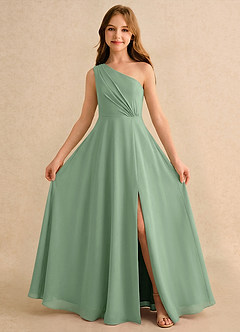 Azazie Puddles Girls Formal Abiti da Ragazza di Fiori Abito A-Line in Chiffon Monospalla Matcha image5