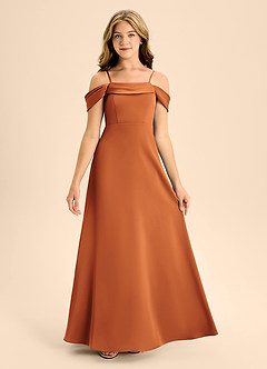 Azazie Anselie Junior Cinnamon A-Line Off the Shoulder Stretch Satin Dress image7