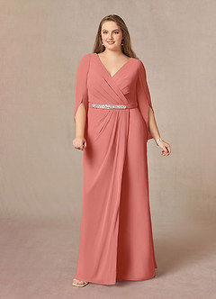 Azazie Belinda Kleider für die Brautmutter A-Linie V-Hals Gefaltet Chiffon Kleid Lachsrosa image3