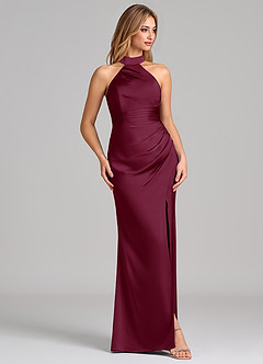 Azazie Karlotta Bridesmaid Dresses Mulberry Sheath Pleated Stretch Satin Dress image5