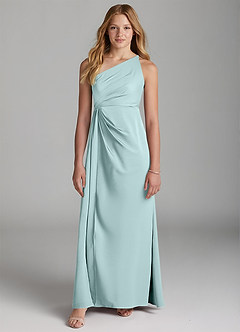 Azazie Mika Junior Sea Glass A-Line Pleated Stretch Satin Dress image3