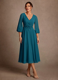 Azazie Ana Vestidos para mãe da noiva Vestido Tinta Azul de Chiffon de Linha A com Renda image1