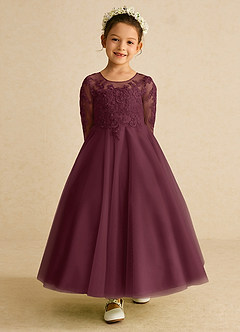 Azazie Precious Robe Demoiselle D'honneur Fillette Robe Trapèze en Tulle Dentelle Cabernet image4
