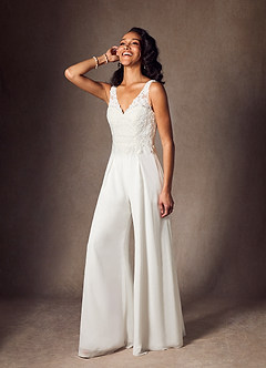 Azazie Florine Wedding Dresses Diamond White Pant Styles V-Neck Lace Chiffon Dress image5